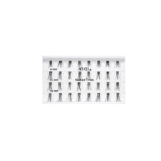 Tray of Ardell Naked Trios individual lashes in 9mm, 11mm, and 13mm lengths, knot-free and natural looking