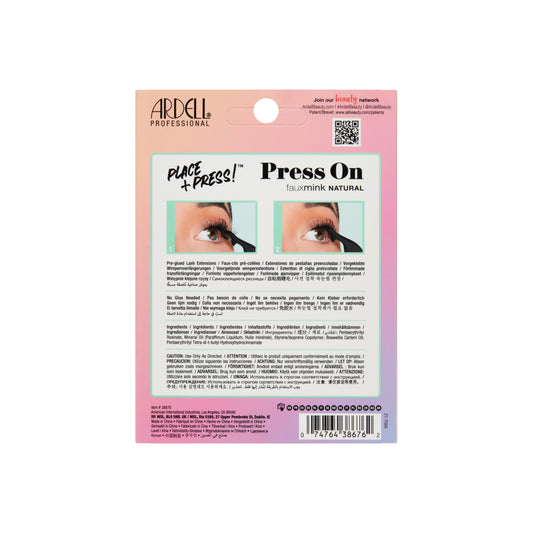 Back of Ardell Press-On Faux Mink Natural Lashes packaging with product info and application steps.
