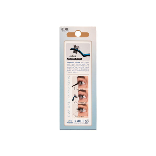 Back of Seamless Underlash Extensions Fauxmink D Curl 32 ct retail wall hook box showing product information
