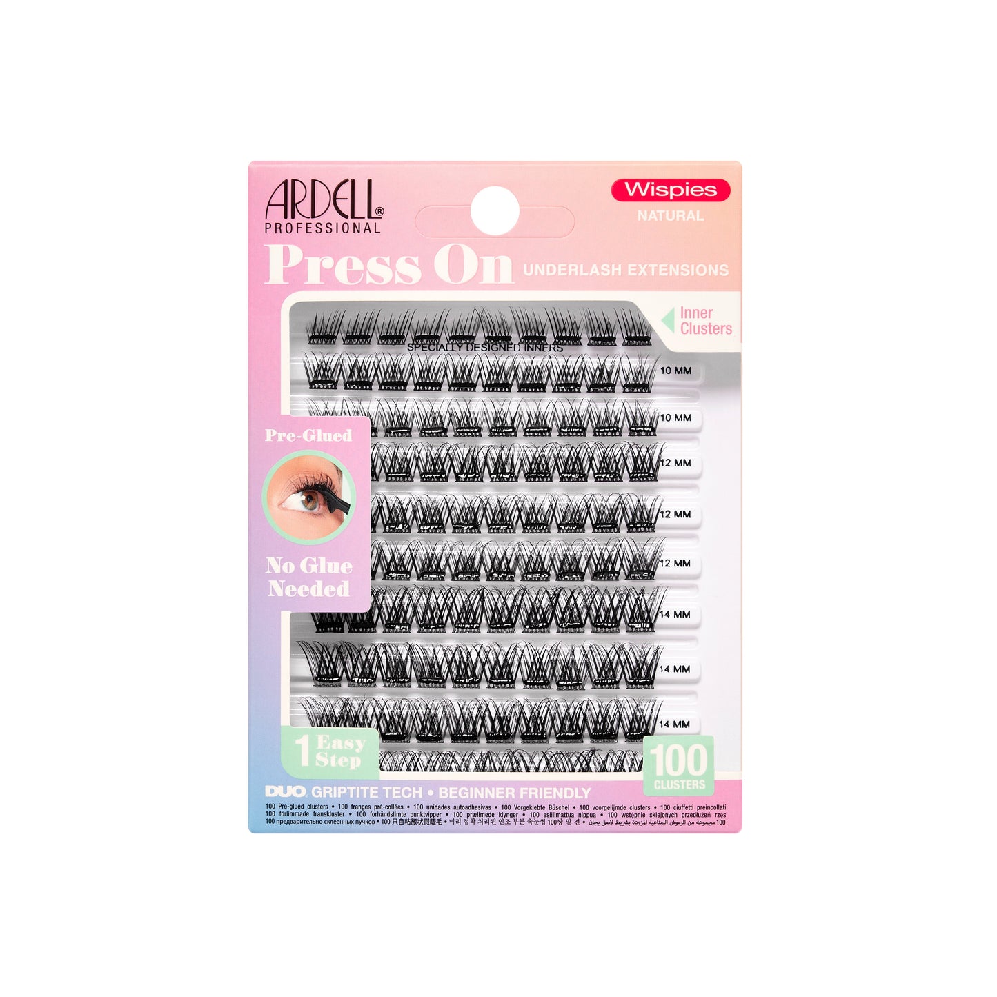 Front packaging of Press On Pre-Glued Underlash Extensions Wispies Natural 100 ct