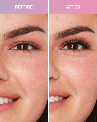 Before and after comparison of Press On Pre-Glued Underlash Extensions Wispies Natural on Model with Almond shaped eyes