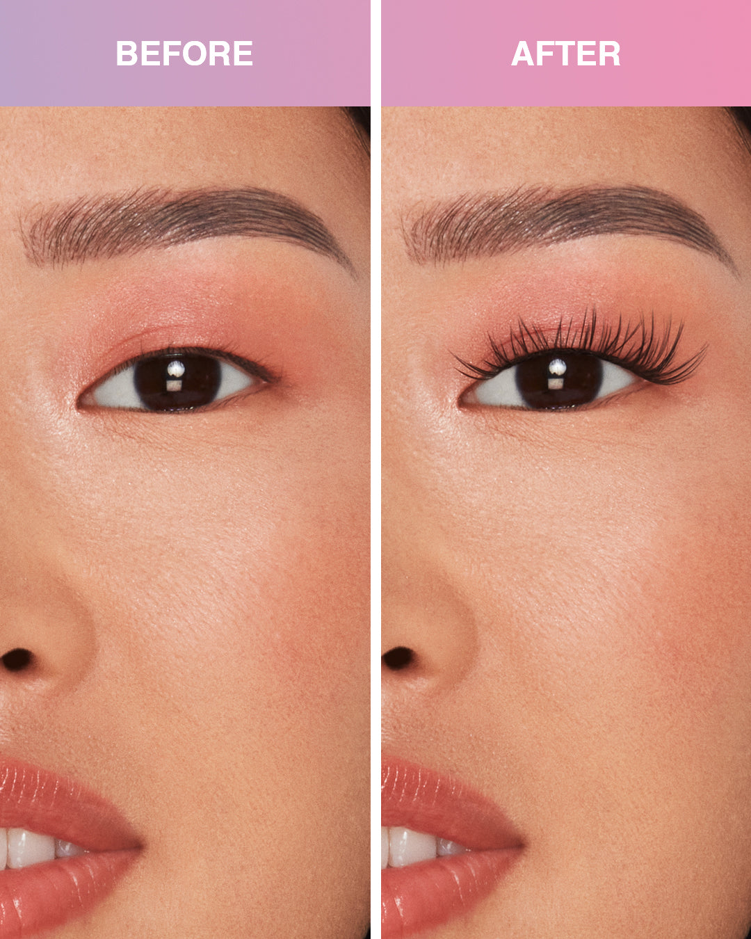 Before and after comparison of Press On Pre-Glued Underlash Extensions Wispies Natural on Model with Monolid shaped eyes