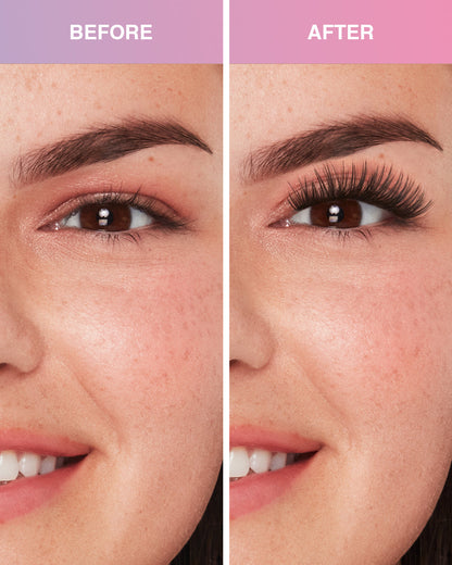 Before and after comparison of Press On Pre-Glued Underlash Extensions Fauxmink Natural on Model with Almond shaped eyes