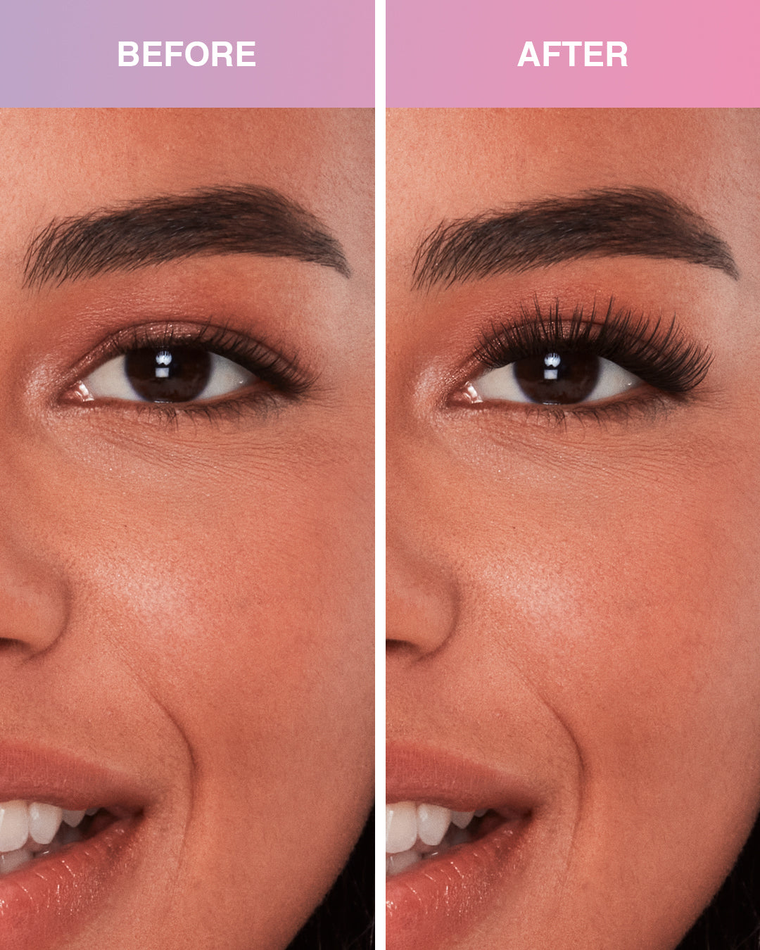 Before and after comparison of Press On Pre-Glued Underlash Extensions Fauxmink Natural on Model with Hooded shaped eyes