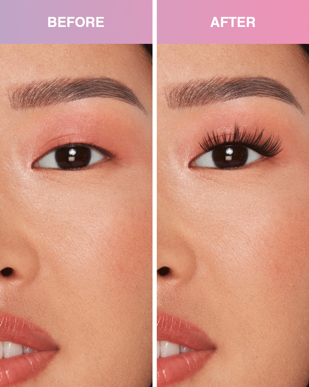 Before and after comparison of Press On Pre-Glued Underlash Extensions Fauxmink Natural on Model with Monolid shaped eyes