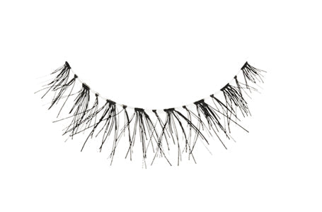 A single pair of Ardell Baby Wispies showing its elongated lash in the center with shorter inner and outer corners
