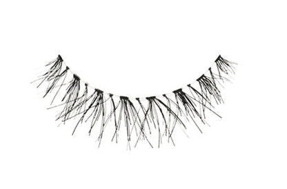 A single pair of Ardell Baby Wispies showing its elongated lash in the center with shorter inner and outer corners