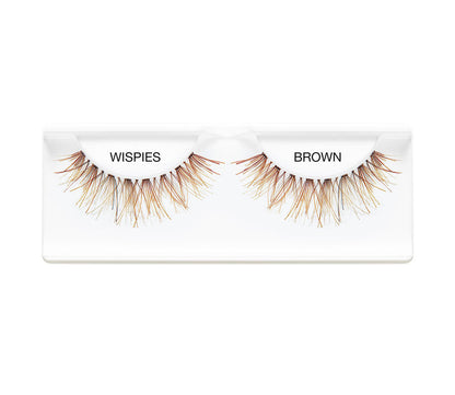 A single pair of Ardell Demi Wispies in Brown color placed in its retail wall hook with some texts on it
