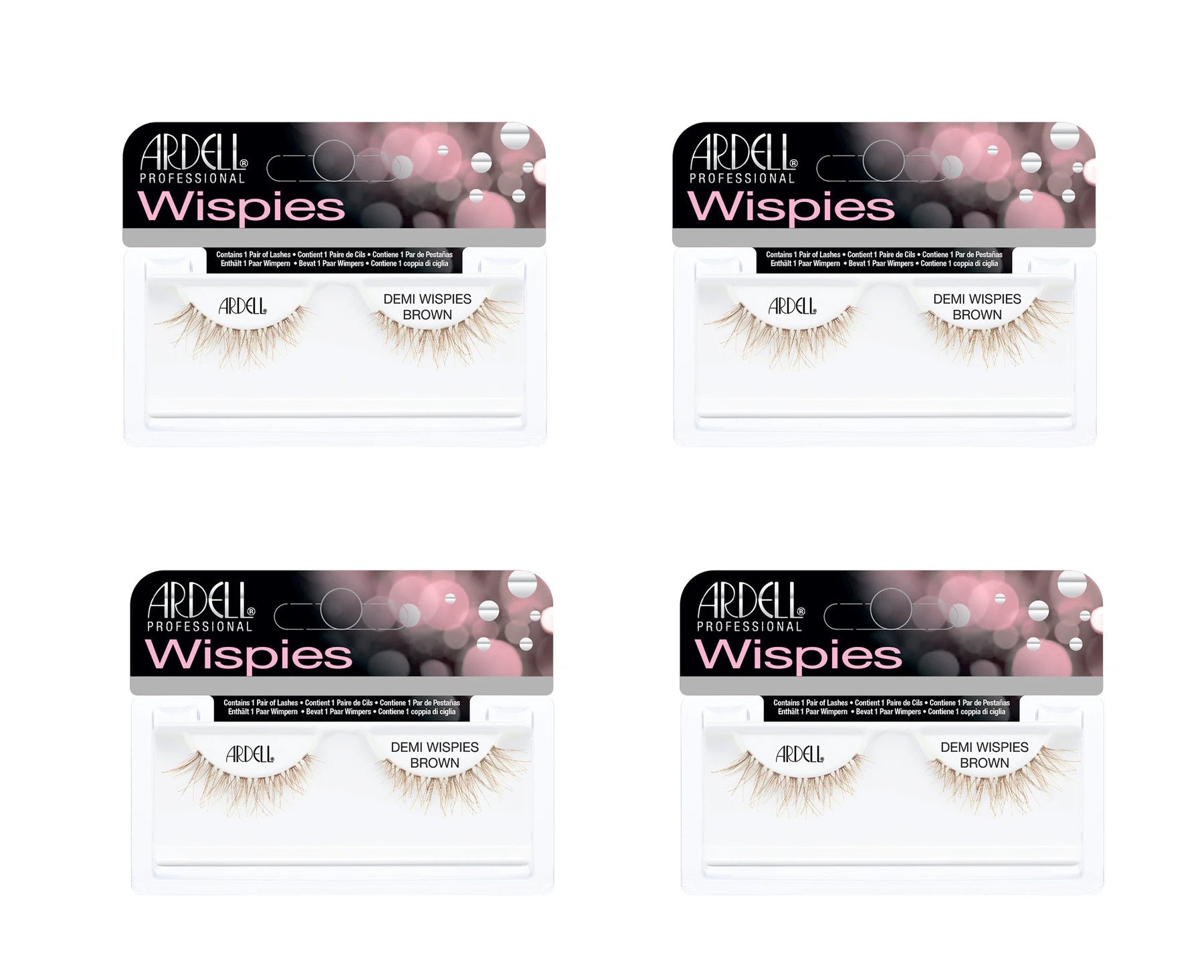 Four packages of Ardell Wispies false eyelashes on a white background
