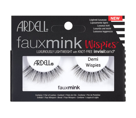 A pair of Ardell Fauxmink Demi Wispies in a single pack retail lash package with text on the box