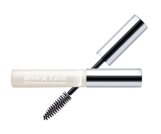 Capped bottle of Ardell Brow & Lash Accelerator laid on its side with brush cap featured on background