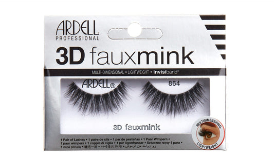 A pair of Ardell 3D Faux Mink 864 was placed into its retail packaging with features written on it