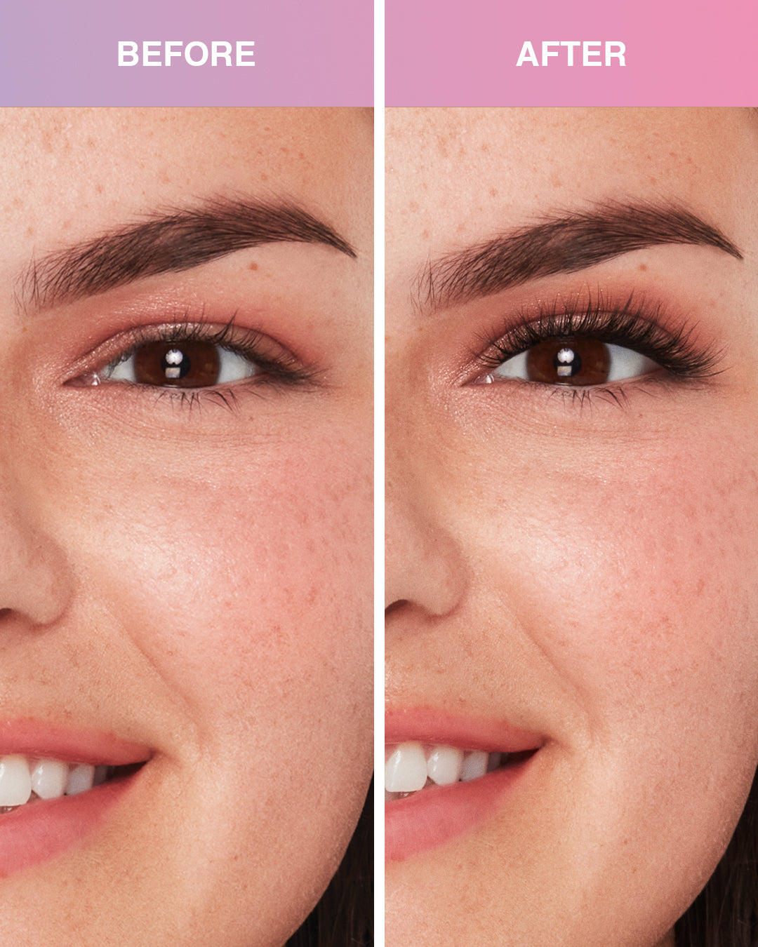 Before and after Press On Pre-Glued Underlash Extensions Wispies Natural on Model with Almond shaped eyes