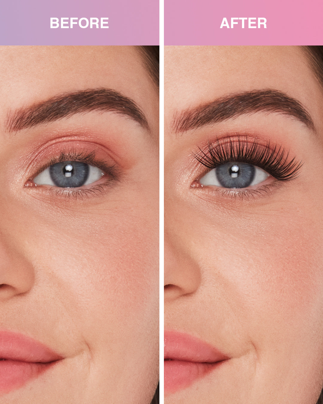 Before and after Press On Pre-Glued Underlash Extensions Wispies Natural on Model with Round shaped eyes