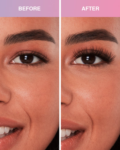 Before and after comparison model using Press On Wispies Natural 30 ct on Hooded eyes