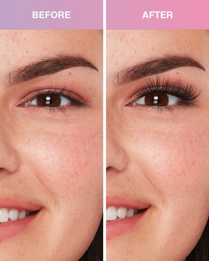 Before and after comparison model using Press On Pre-Glued Underlash Extensions Wispies Volume on Almond eyes