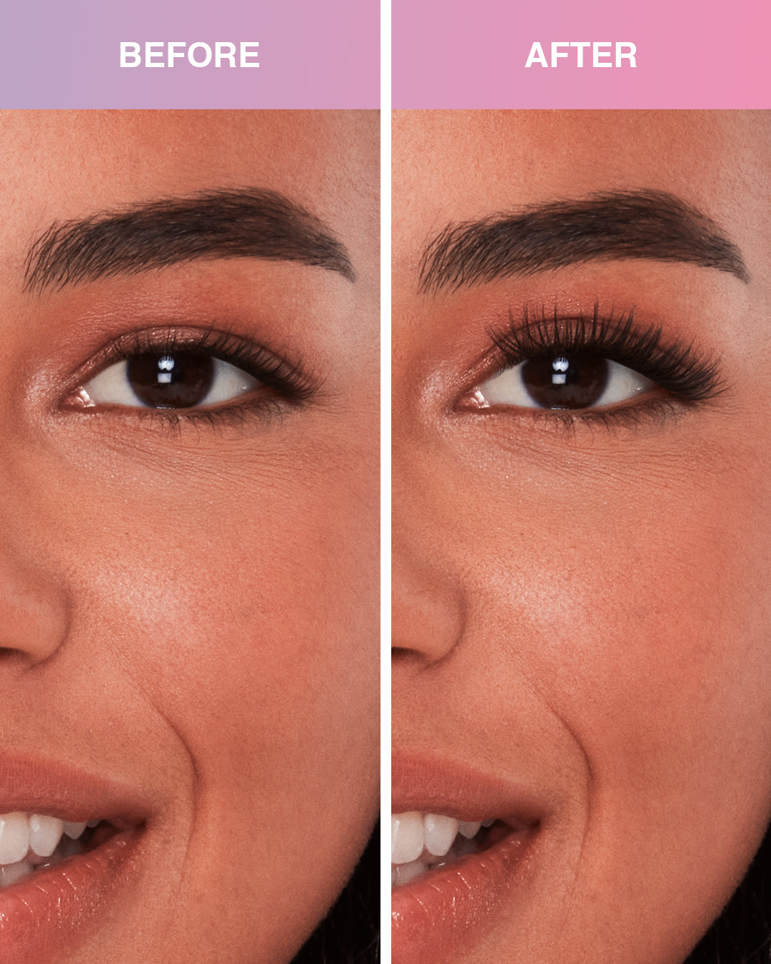 Before and after comparison model using Press On Pre-Glued Underlash Extensions Wispies Volume on Hooded eyes