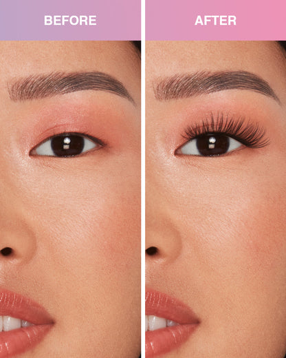 Before and after comparison model using Press On Pre-Glued Underlash Extensions Wispies Volume on Monolid eyes