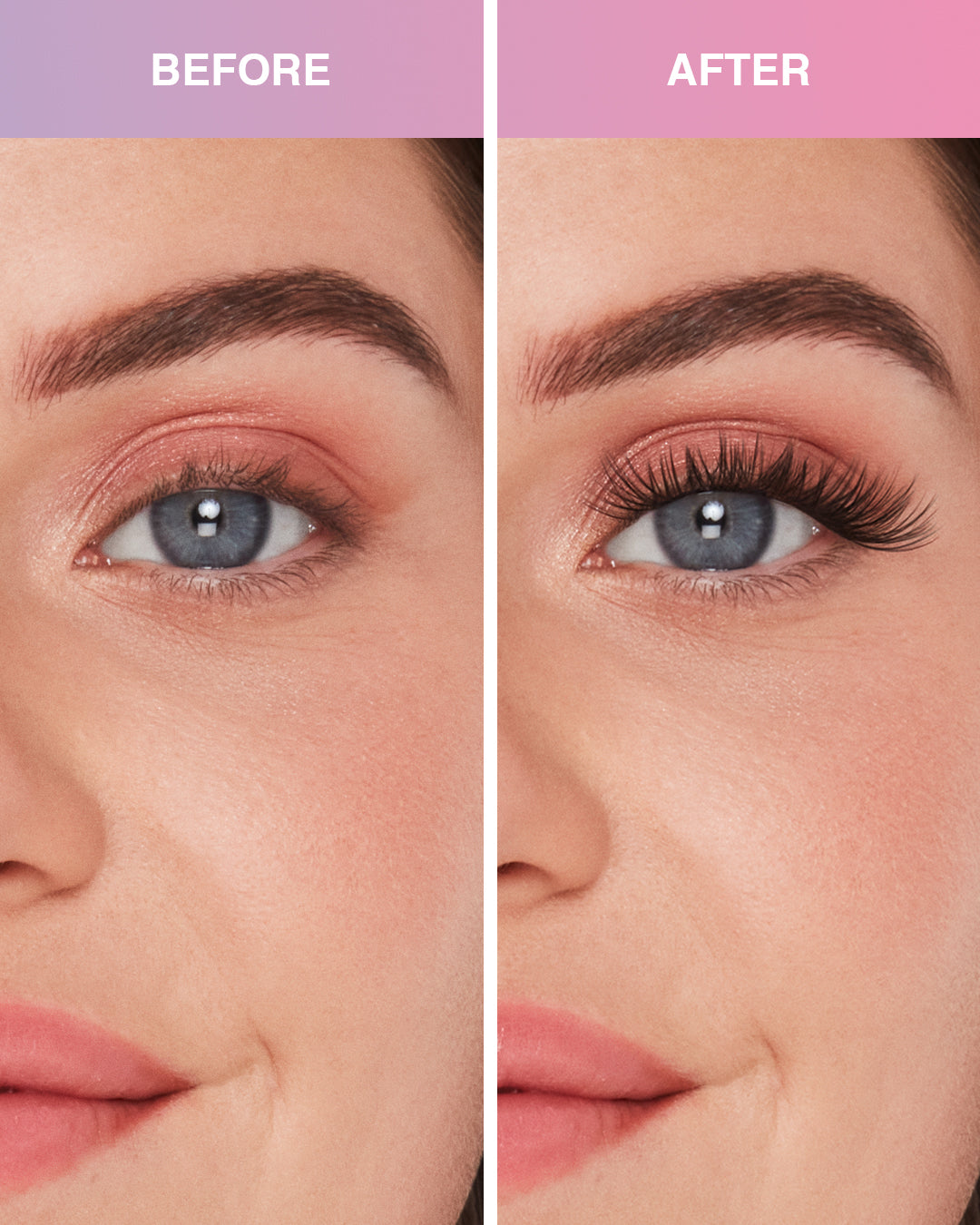 Before and after comparison model using Press On Pre-Glued Underlash Extensions Wispies Volume on Round eyes