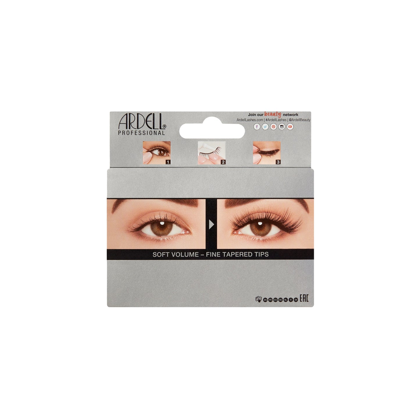 Ardell Professional lash packaging showing before-and-after of soft volume lashes with tapered tips.