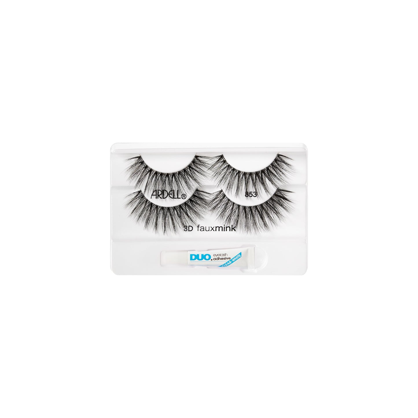 Ardell 3D Faux Mink 853 lashes in tray with bonus DUO adhesive, ideal for bold, fluttery lash definition.