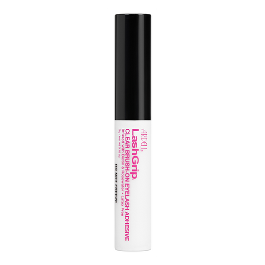 LashGrip Clear Brush-On Adhesive with Biotin & Rosewater, latex-free formula in precision applicator tube.