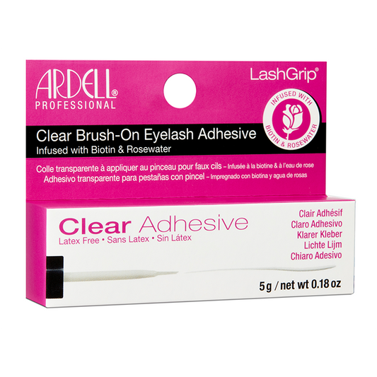 Ardell Clear Brush-On Eyelash Adhesive infused with Biotin & Rosewater, latex-free for secure, gentle lash application.
