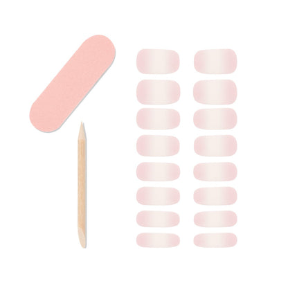 Ardell 16 gel nail strips, 1 mini dual sided nail file, 1 orange wood stick lay in white setting