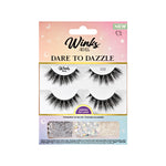 2 pairs of lashes on tray showing embellishments tool, and adhesive