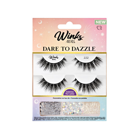 2 pairs of lashes on tray showing embellishments tool, and adhesive