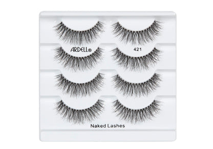 4 pairs of Ardell Naked Lash 421 faux lashes in inner multipack packaging labeled "Ardell", "421", & "Naked Lashes"