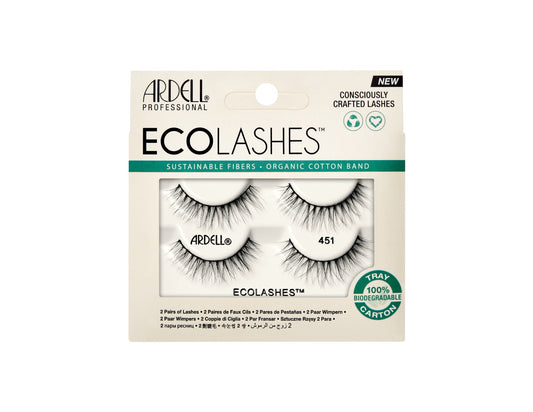 Front view of two pairs of Ardell Eco Lashes 451 in retail wall hook retail packaging with printed label text