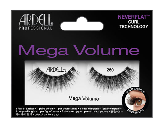 Front of Ardell Mega Volume 260 wall-hook ready packaging with product details written on it