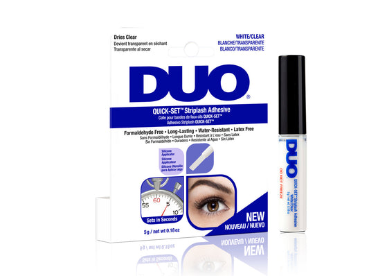 Image of DUO Quick-Set Striplash Adhesive in white/clear packaging, long-lasting, latex-free, and water-resistant.