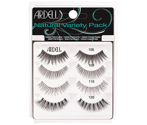 4 different pairs of faux lashes in 1 pack of Ardell Natural Variety placed in its retail wall hook packaging