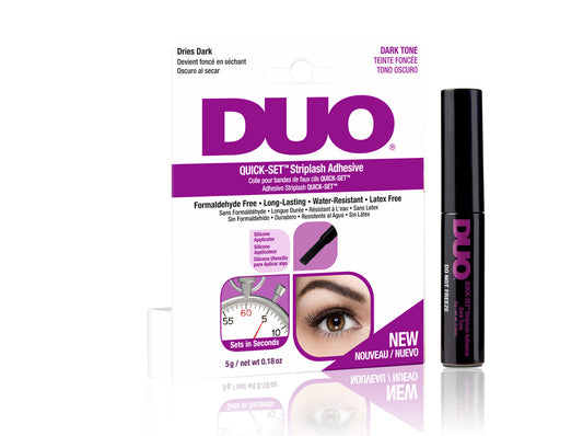 DUO Quick-Set StripLash Adhesive in dark tone, latex-free and water-resistant formula for fast-drying, secure lash hold.